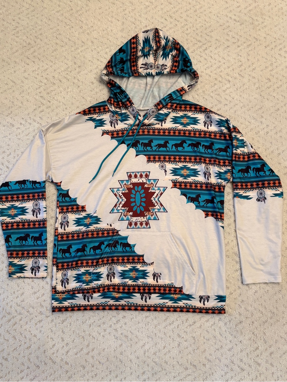 Southwestern Boho Aztec Hoodie Sweatshirt Size Medium Teal Cream Horses Cowgirl
